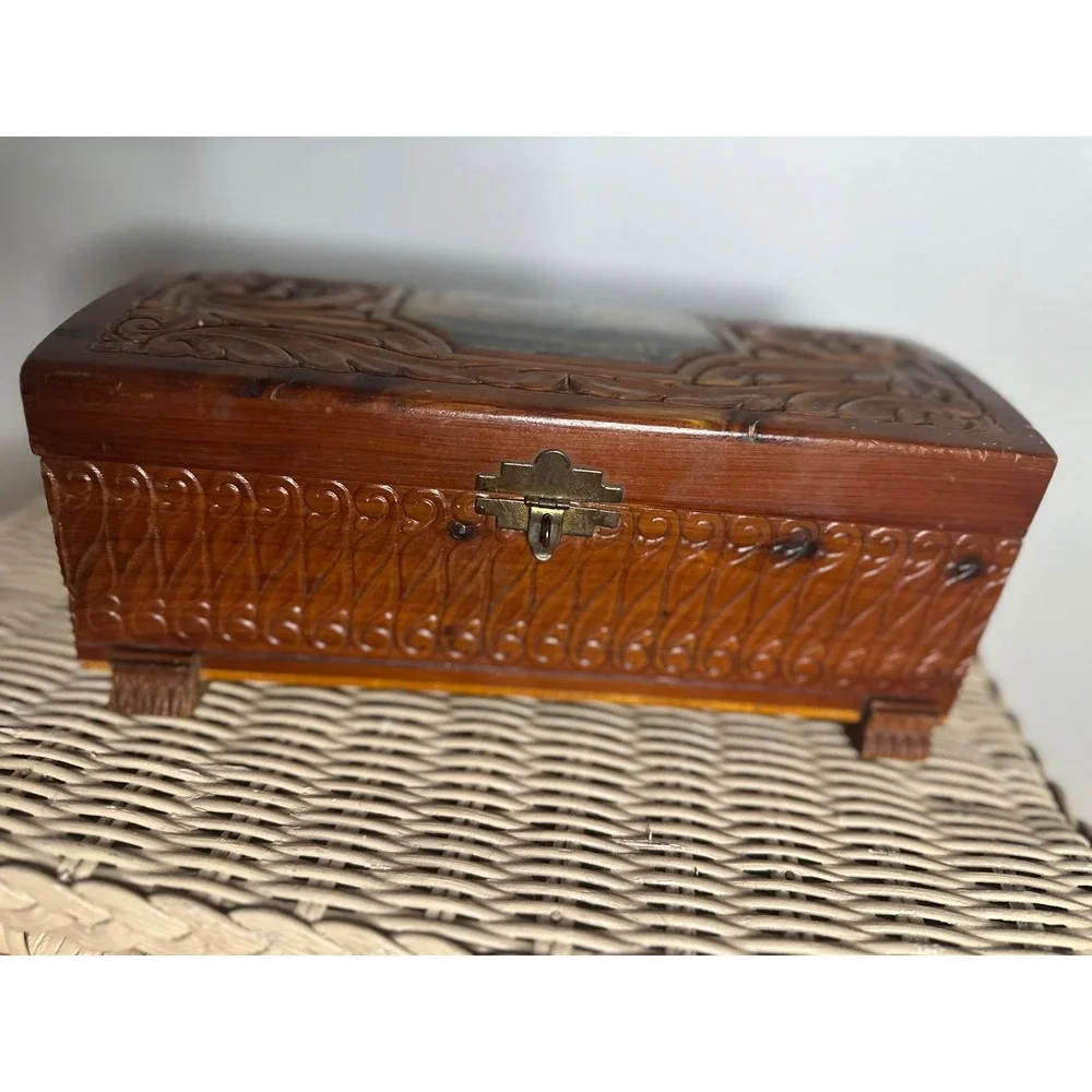 Vintage Hand Carved Cedar Wood Jewelry Box etched Mirror Windmill Footed 50s